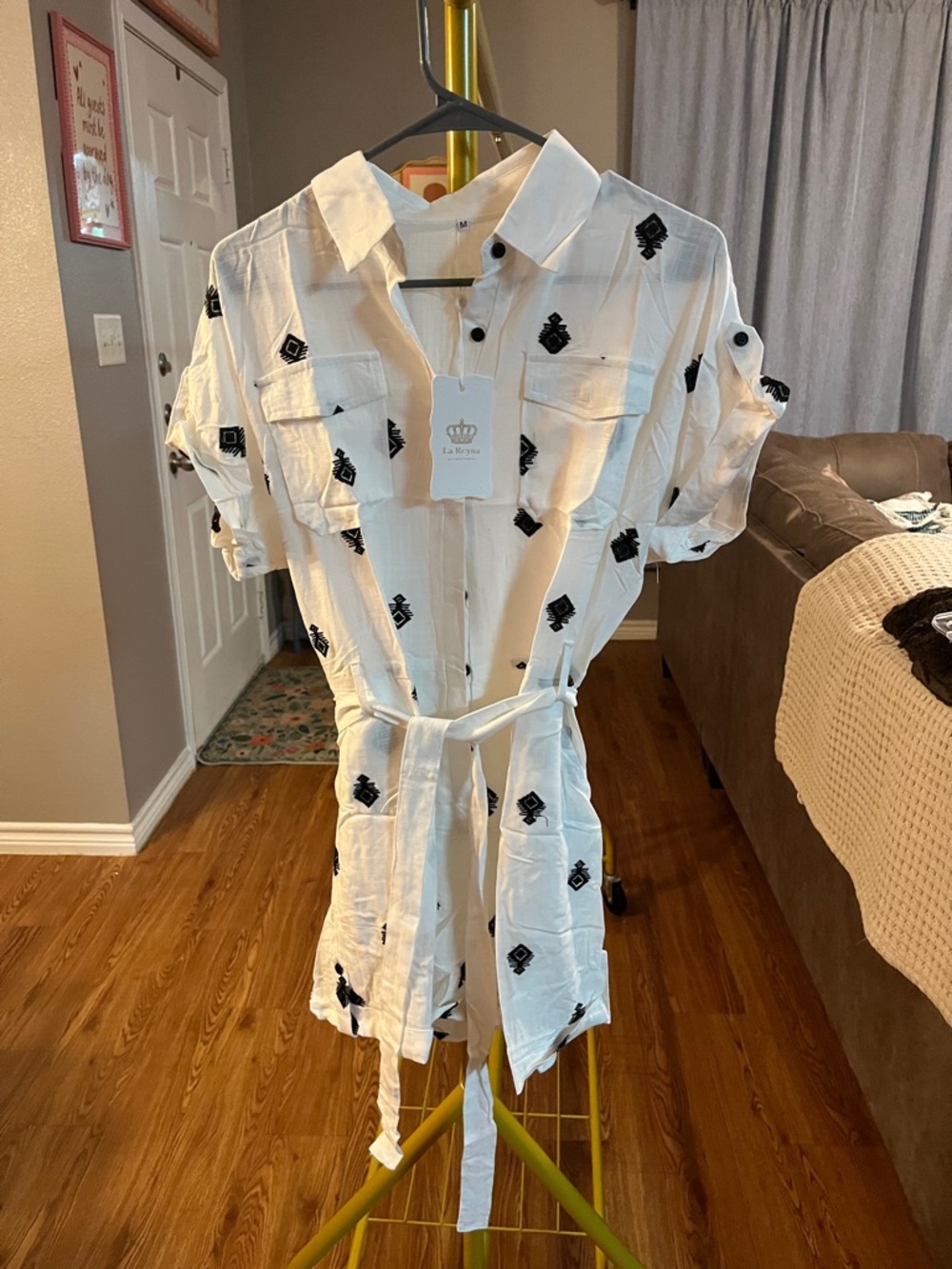 White Button-Up romper with Black Embroidery